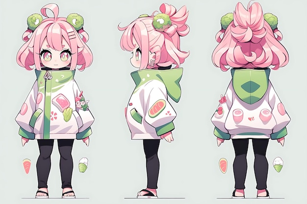 Anime Girl Charakter Design Turnaround Sheet Niedliches Anime-Charakter-Modell im Kawaii-Modestil