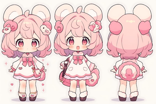 Anime Girl Charakter Design Turnaround Sheet Niedliches Anime-Charakter-Modell im Kawaii-Modestil