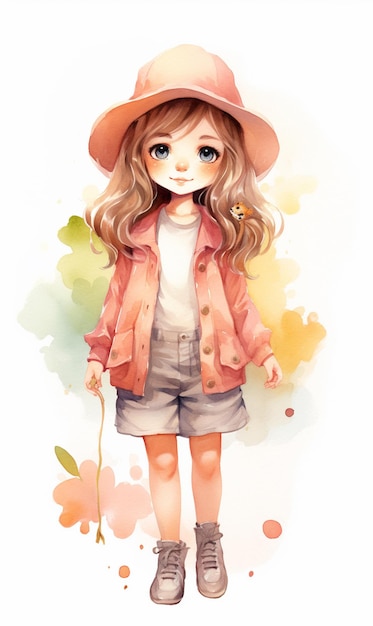 Foto anime girl with hat and jacket holding a flower generative ai