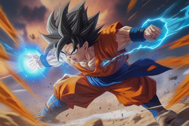 Foto anime de goku luchando con fondos oscuros