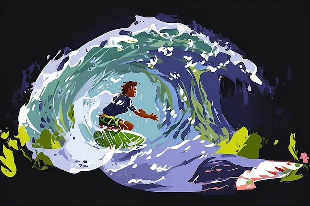 Anime Água cristalina salpica sobre surfista montando uma onda épica em um vetor espetacular do Tahiti