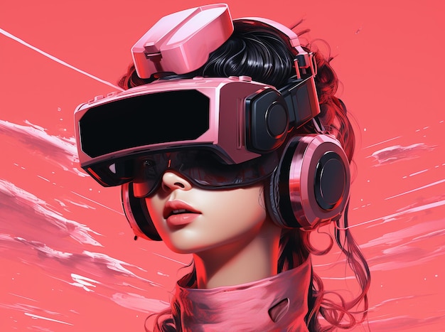 Foto anime hermosa chica con gafas de realidad virtual en el estilo de las ilustraciones de otro mundo