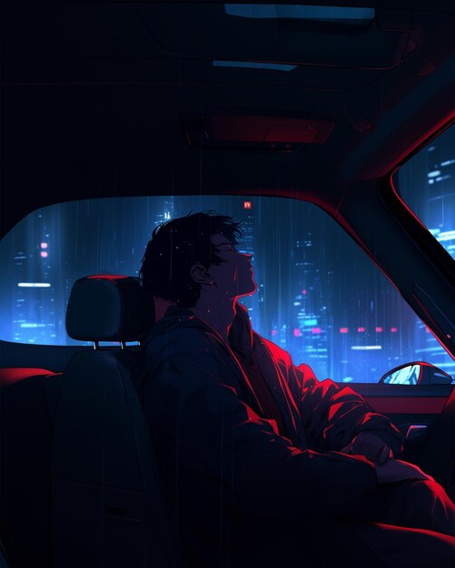 Anime hombre en coche con luces de la ciudad en el fondo generativo ai