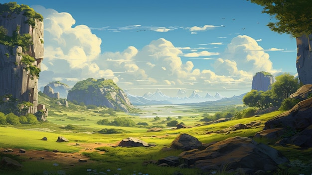Foto anime-illustration landschaft ruhige pastorale szenen mit weichen pinselstrichen