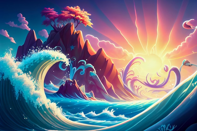 Anime ilustración mar olas montañas y sol IA generativa