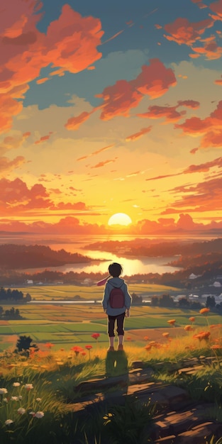 Anime-inspirierte, ruhige Landschaft mit einer Person, die den Sonnenuntergang beobachtet