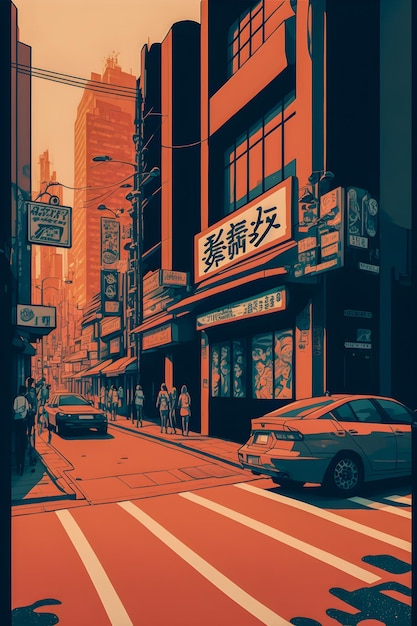 Anime Japan City Retro-Halbton-Anime- und Manga-Illustration