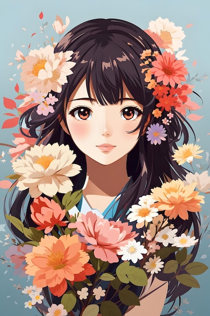 Anime japonês fofo com flores Anime japonês Menina Anime Menina Anime japonês AI Generative