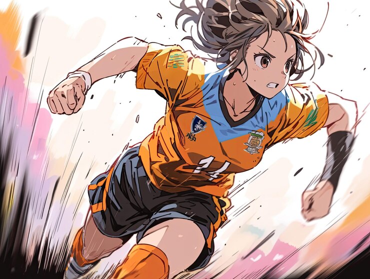 Anime jugadora de fútbol corriendo estilo manga