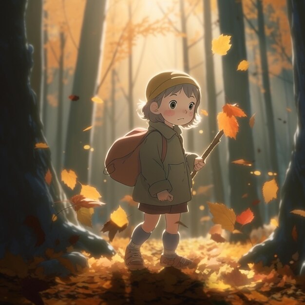 Anime-Junge in einem Wald mit Blättern, die um ihn herum fliegen generative ai
