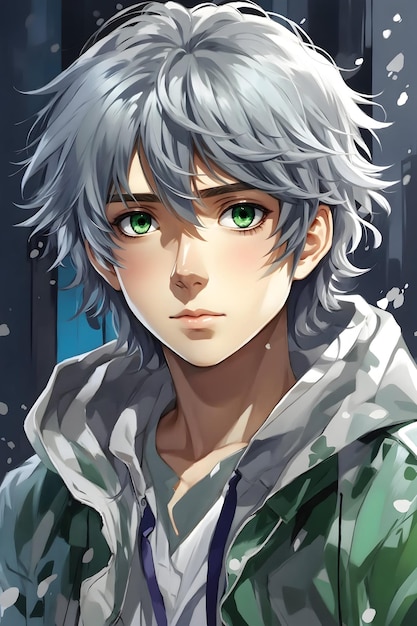 Anime-Junge mit blauen langen Haaren, grünen Augen, isoliert, kein Hintergrund, Farbspritzer im Hintergrund