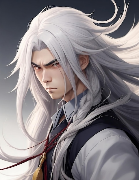 Anime-Junge mit langen weißen Haaren und aufmerksamem Gesichtsausdruck