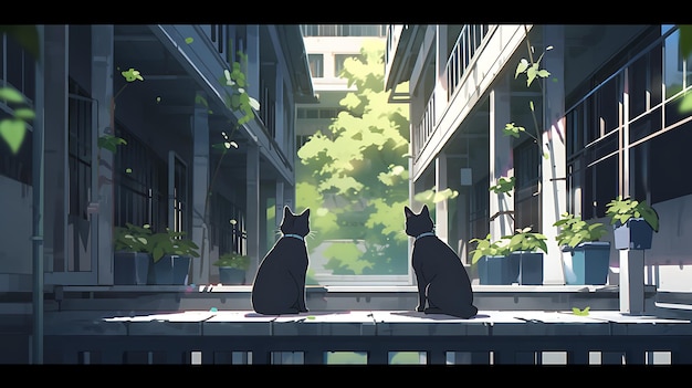 Foto anime kleine katze und hund duo abenteuer mit apokalyptischer stadt hintergrund