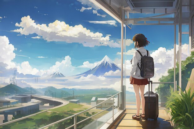 Anime-Landschaft einer reisenden Person