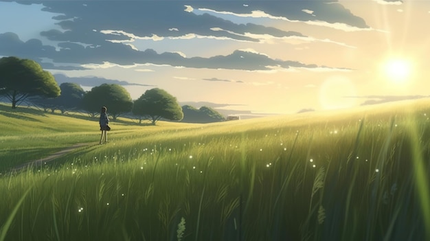 Anime-Landschaft mit einem Mädchen, das auf einem Feld läuft und die Sonne scheint