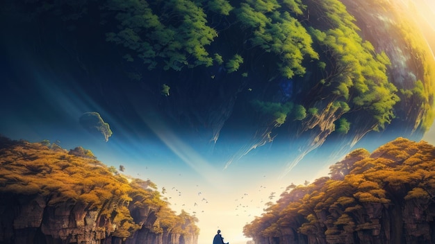 Anime-Landschaft mit einem Mann, der die Straße hinuntergeht