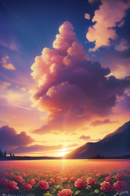 Anime-Landschaft mit einem Sonnenuntergang und einem Berg