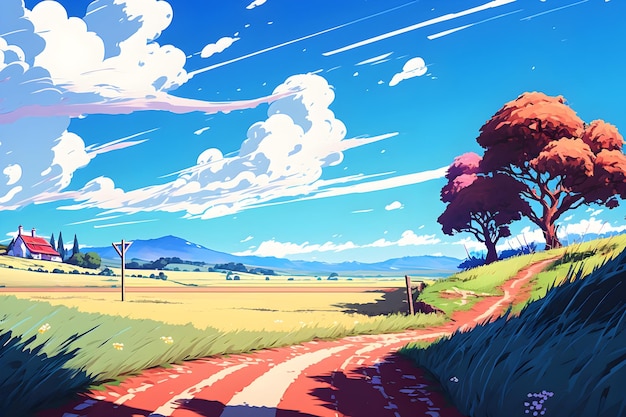 Anime-Landschaft mit einer Straße und Bergen im Hintergrund