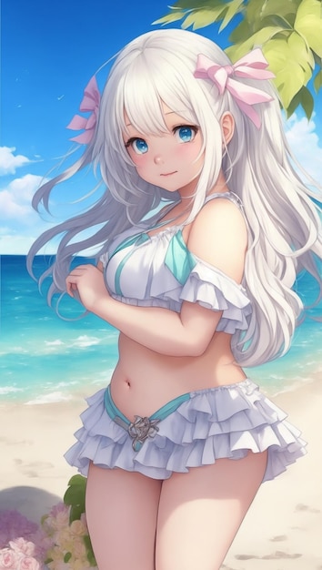 Anime linda chica sola en la playa sola chica bikini blanco con cabello plateado claro estilo anime 3d