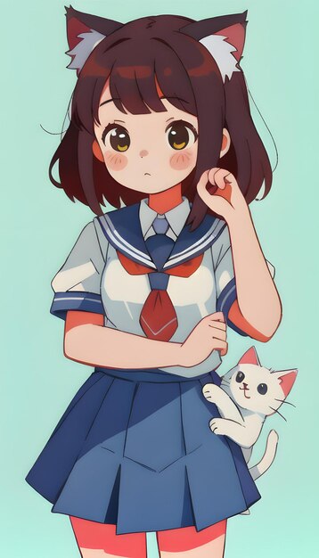 Anime linda chica y su encantador gato fondo natural