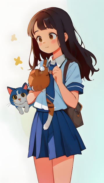 Anime linda chica y su encantador gato fondo natural