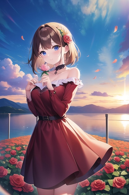 Anime linda garota kawaii personagem imagem papel de parede ilustração fundo nascer do sol pôr do sol jovem