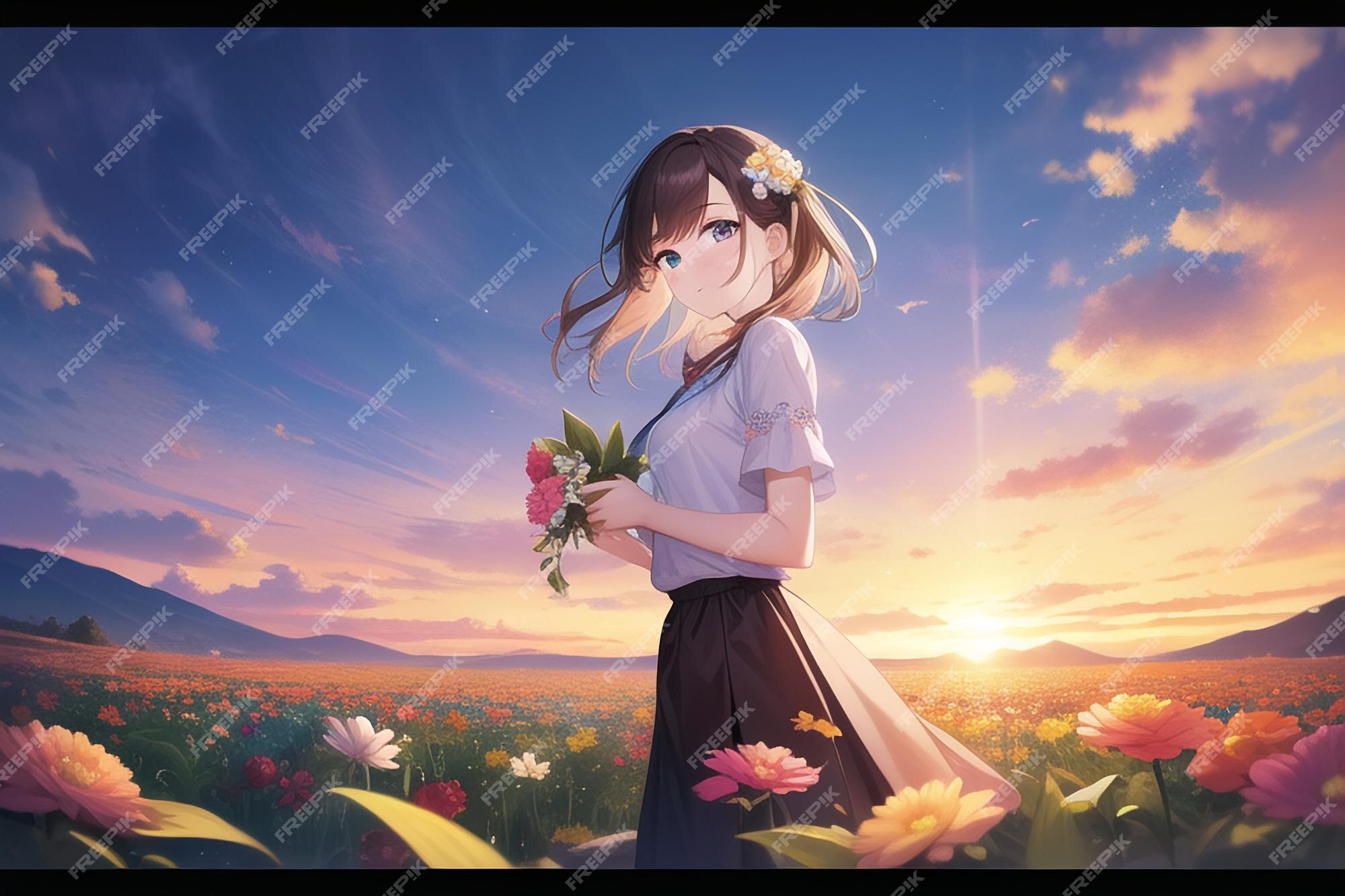 Anime linda garota kawaii personagem imagem papel de parede ilustração  fundo nascer do sol pôr do sol jovem