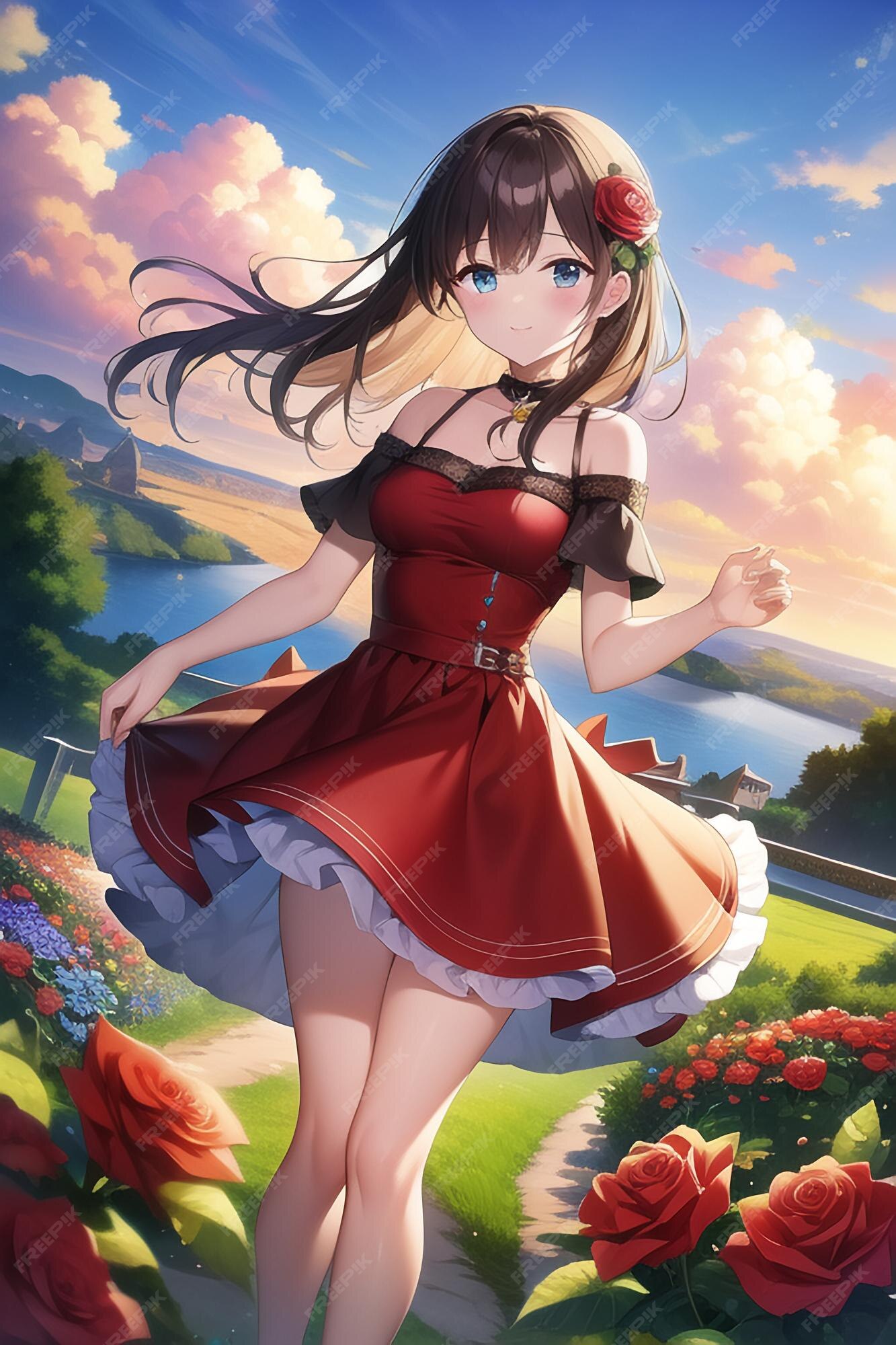 Anime linda garota kawaii personagem imagem papel de parede ilustração  fundo nascer do sol pôr do sol jovem