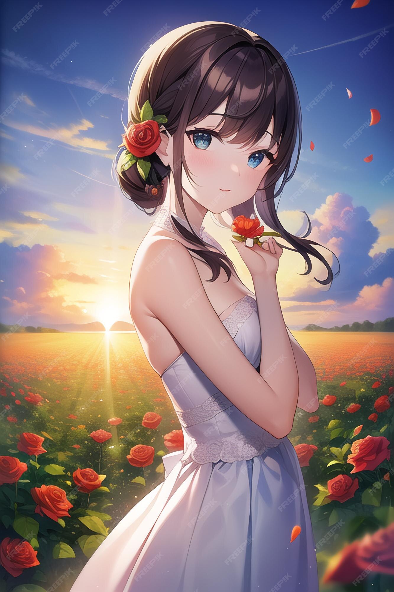 Anime linda garota kawaii personagem imagem papel de parede ilustração  fundo nascer do sol pôr do sol jovem