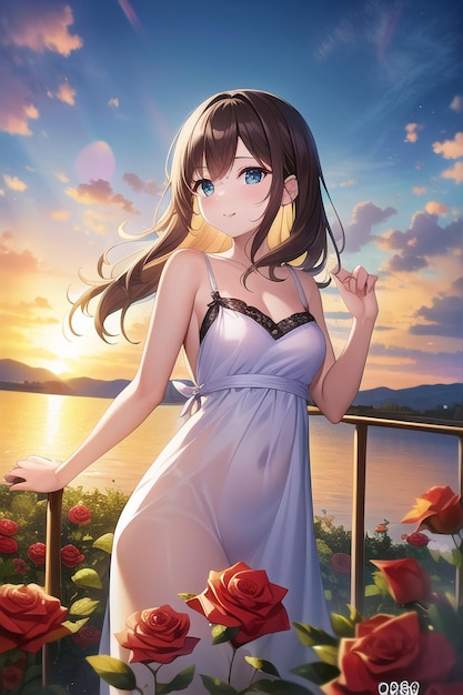 Anime lindo kawaii chica personaje imagen fondo de pantalla ilustración fondo amanecer puesta de sol mujer joven