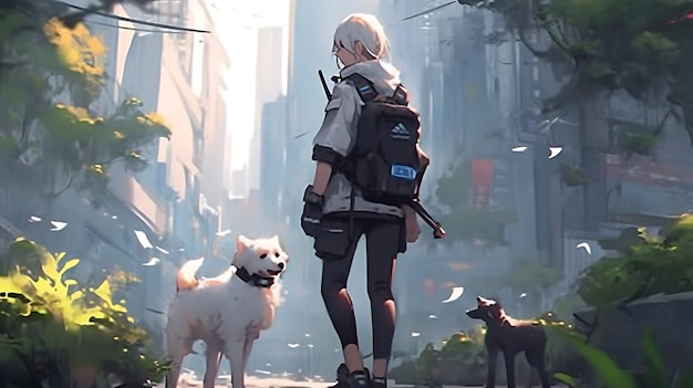 Anime Little Cat and Dog Duo Aventura com fundo de cidade apocalíptica