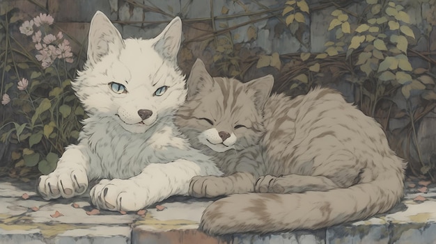 Anime Little Cat and Dog Duo Aventura com fundo de cidade apocalíptica