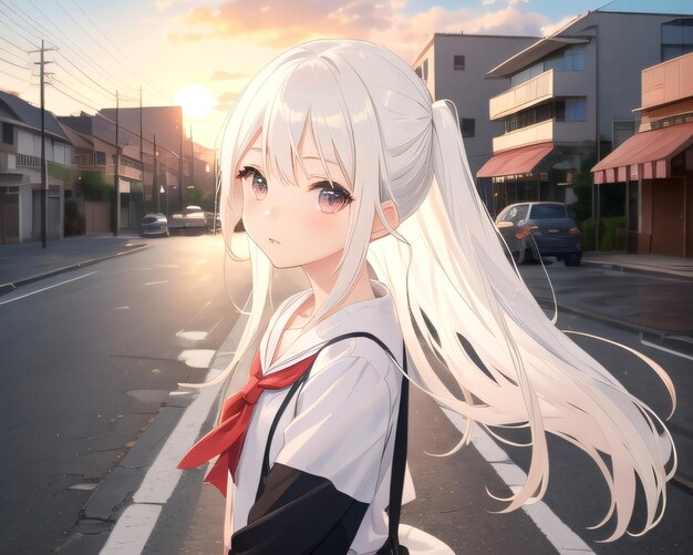 Anime-Mädchen auf der Straße mit der Sonne im Rücken