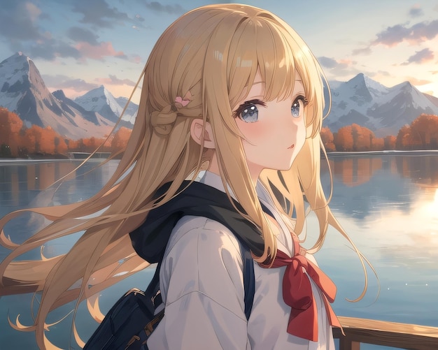 Anime-Mädchen auf einem Boot mit Bergen im Hintergrund