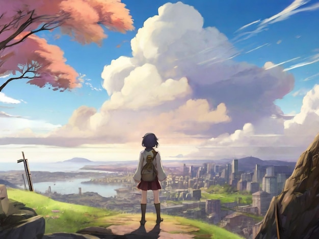 Anime-Mädchen beobachten die schöne Stadt Digitale Kunst Malerei Anime-Kunst Grafiken Hintergründe Anime-Figuren Anime-Gemälde Zeichentrickfilms Mädchen Fantasie