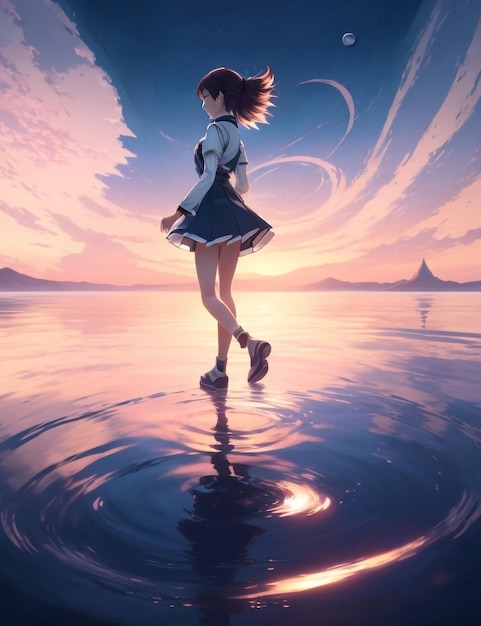 Anime-Mädchen, das auf dem Wasser läuft, kräuselt sich im Hintergrund der Morgendämmerung und Saturn im Hintergrund. Generative KI