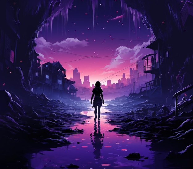 Anime-Mädchen, das in einer dunklen Gasse mit einer Stadt im Hintergrund läuft, generative KI