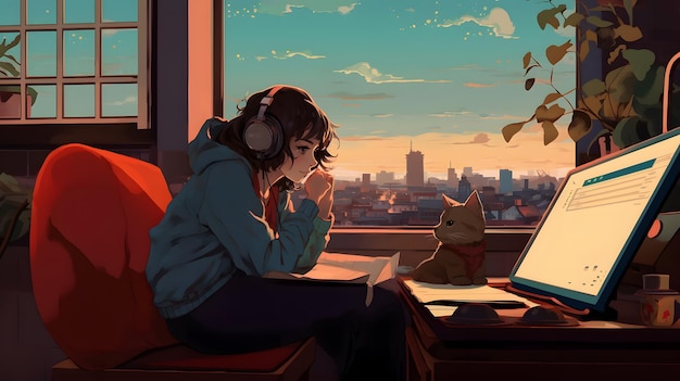 Anime-Mädchen, das Musik hört