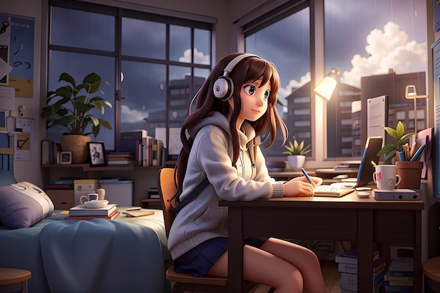Anime-Mädchen hört Musik und studiert in ihrem Zimmer, während es regnet