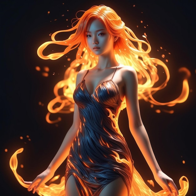 Anime-Mädchen in einem Kleid aus Feuer, ihr Körper aus Flammen, 3D-Neonkunst eines weiblichen Körpers.