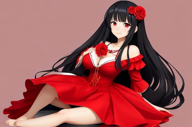 Anime-Mädchen in einem roten Kleid mit einer Blume