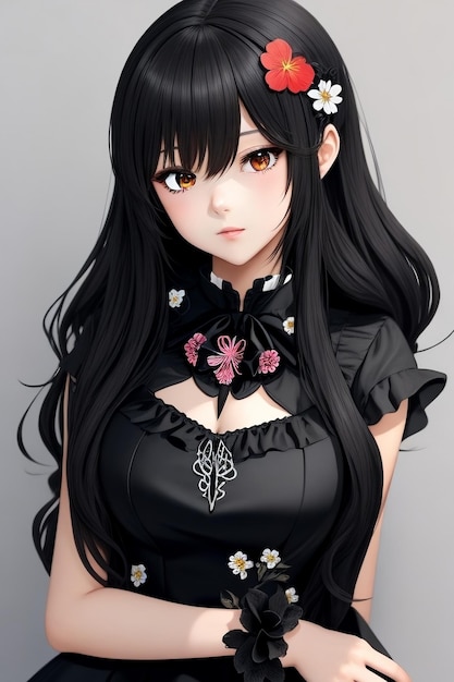 Anime-Mädchen in einem schwarzen Kleid mit einer Blume