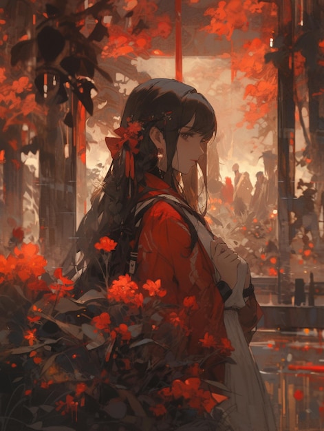 Anime-Mädchen in rotem Kleid, das vor einem Blumenbecken steht