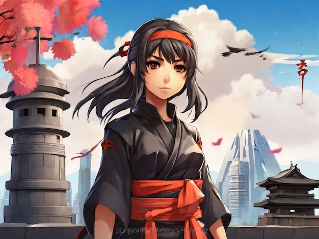 Anime Mädchen junges Ninja Mädchen auf Japan Denkmal Hintergrund