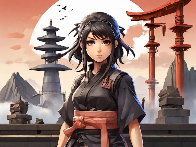 Anime Mädchen junges Ninja Mädchen auf Japan Denkmal Hintergrund