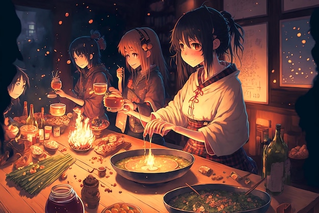 Anime-Mädchen kochen in einem Restaurant