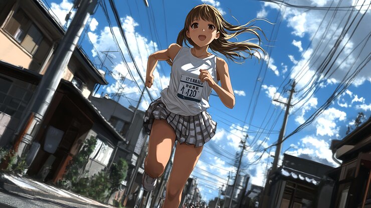 Foto anime-mädchen-läuferin in einer japanischen stadt