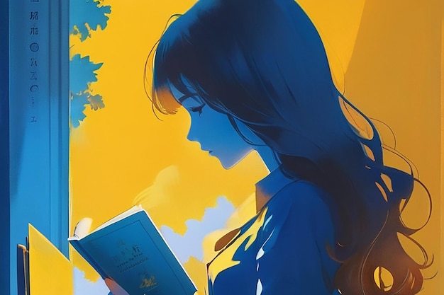 Anime-Mädchen liest ein Buch und sitzt auf einem Bücherstuhl