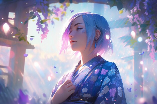 Anime-Mädchen mit blauen Haaren und blauem Kimono in einem Garten