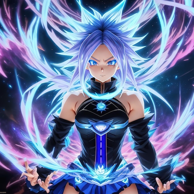 Anime-Mädchen mit blauen Haaren und blauem Rock